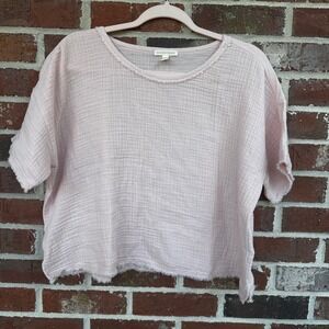 Eileen Fisher Organic Cotton Gauze Boxy Top Pink XS/TP‎ Short Sleeve Frayed